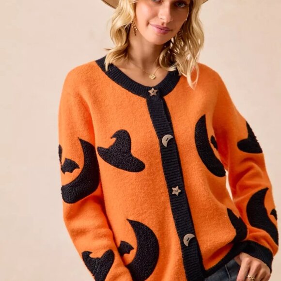 BiBi Halloween Witch Hat Moon Bat Artwork Cardigan‎ - Picture 3 of 16